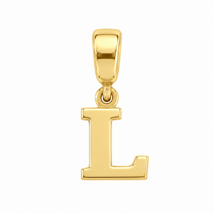 14K yellow gold initial L charm pendant on white background