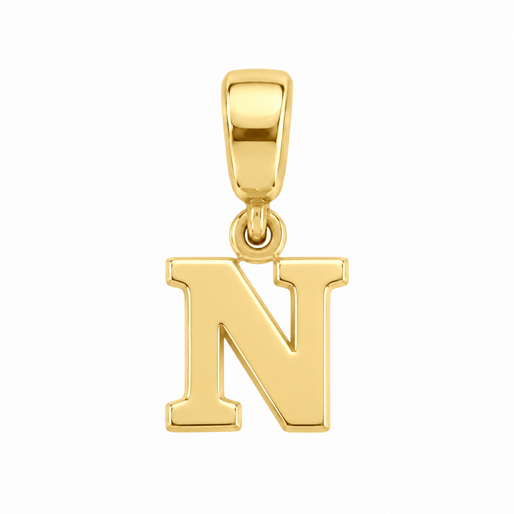 14K yellow gold initial N charm pendant on white background