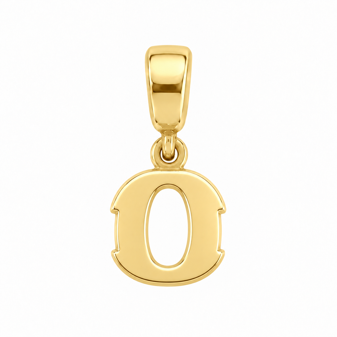 14K yellow gold initial O charm pendant on white background
