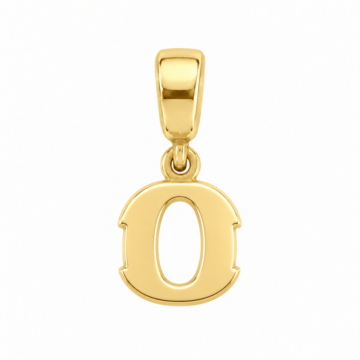 14K yellow gold initial O charm pendant on white background