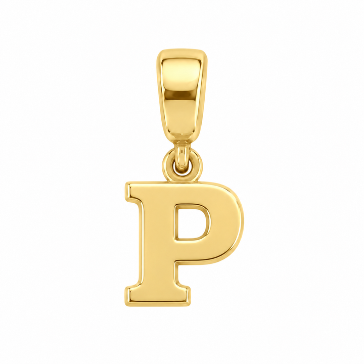 14K yellow gold initial P charm pendant on white background