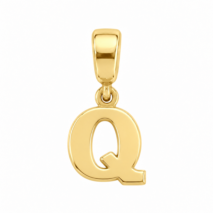 14K yellow gold initial Q charm pendant on white background