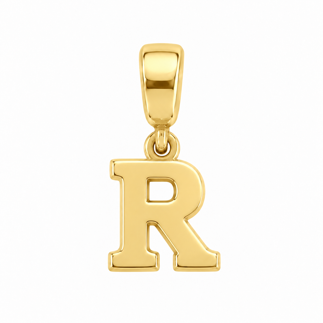 14K yellow gold initial R charm pendant on white background