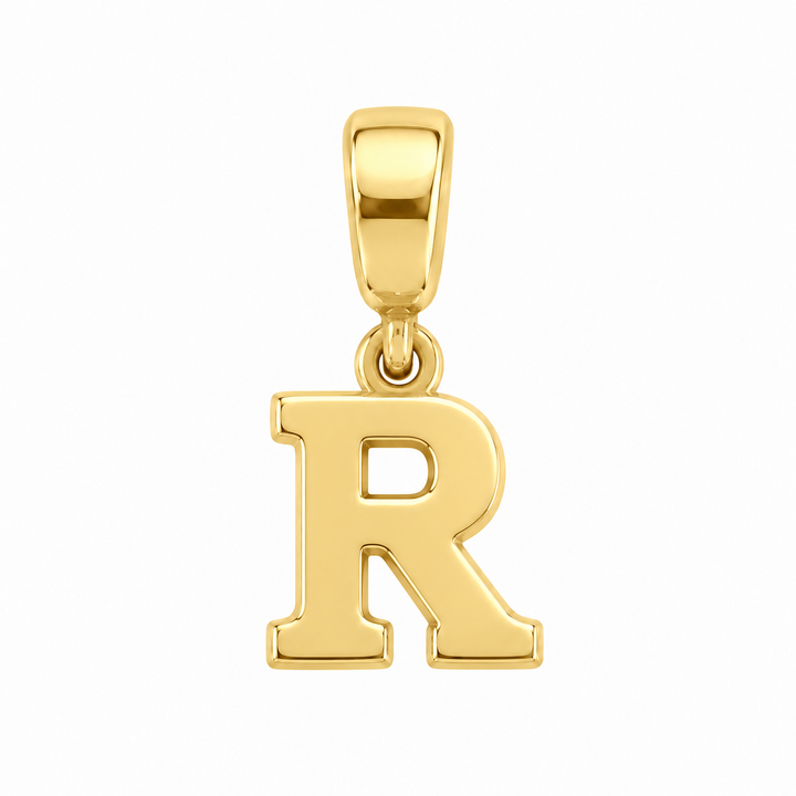 14K yellow gold initial R charm pendant on white background