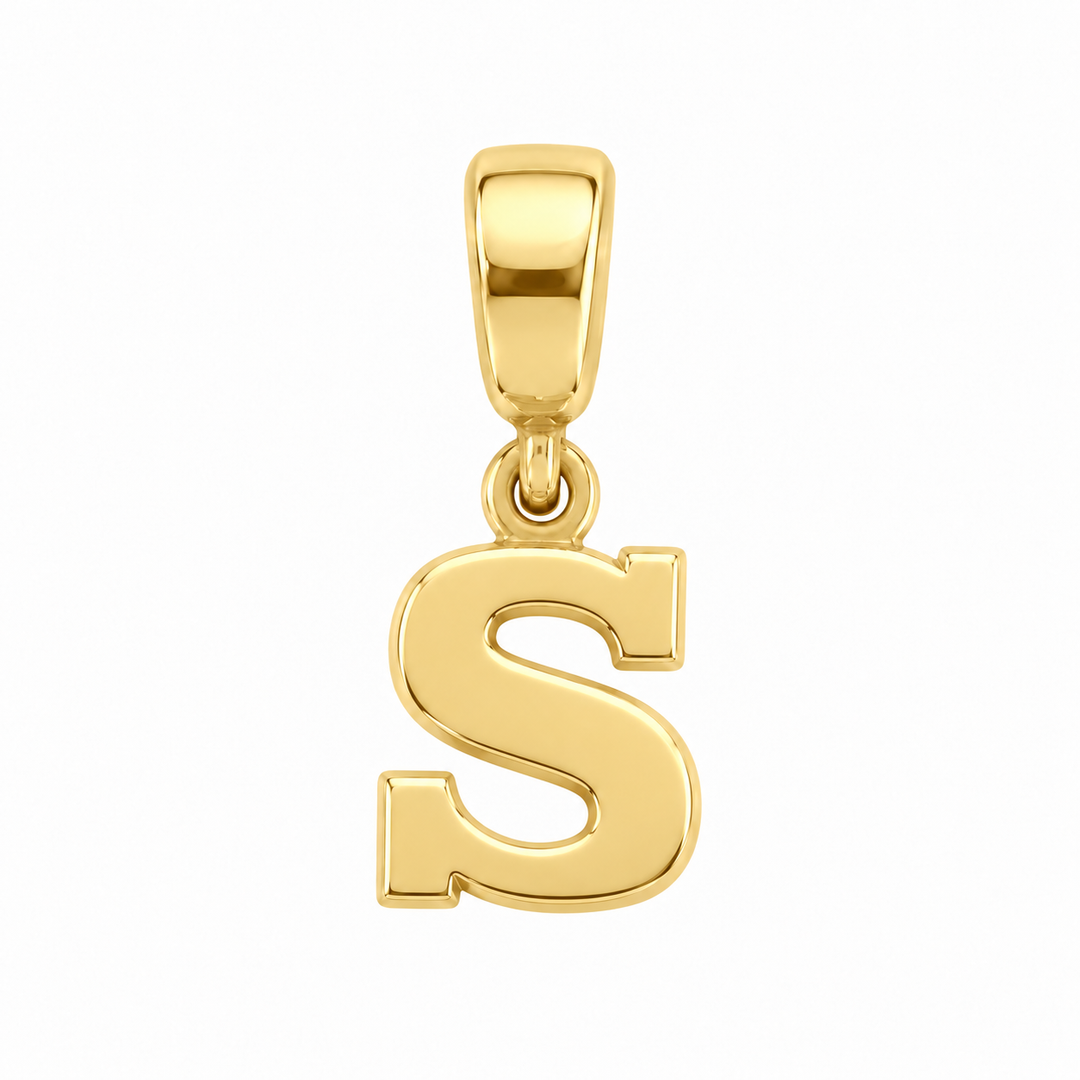 14K yellow gold initial S charm pendant on white background