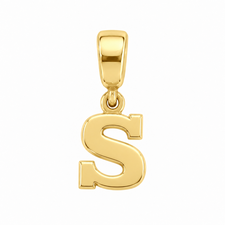 14K yellow gold initial S charm pendant on white background