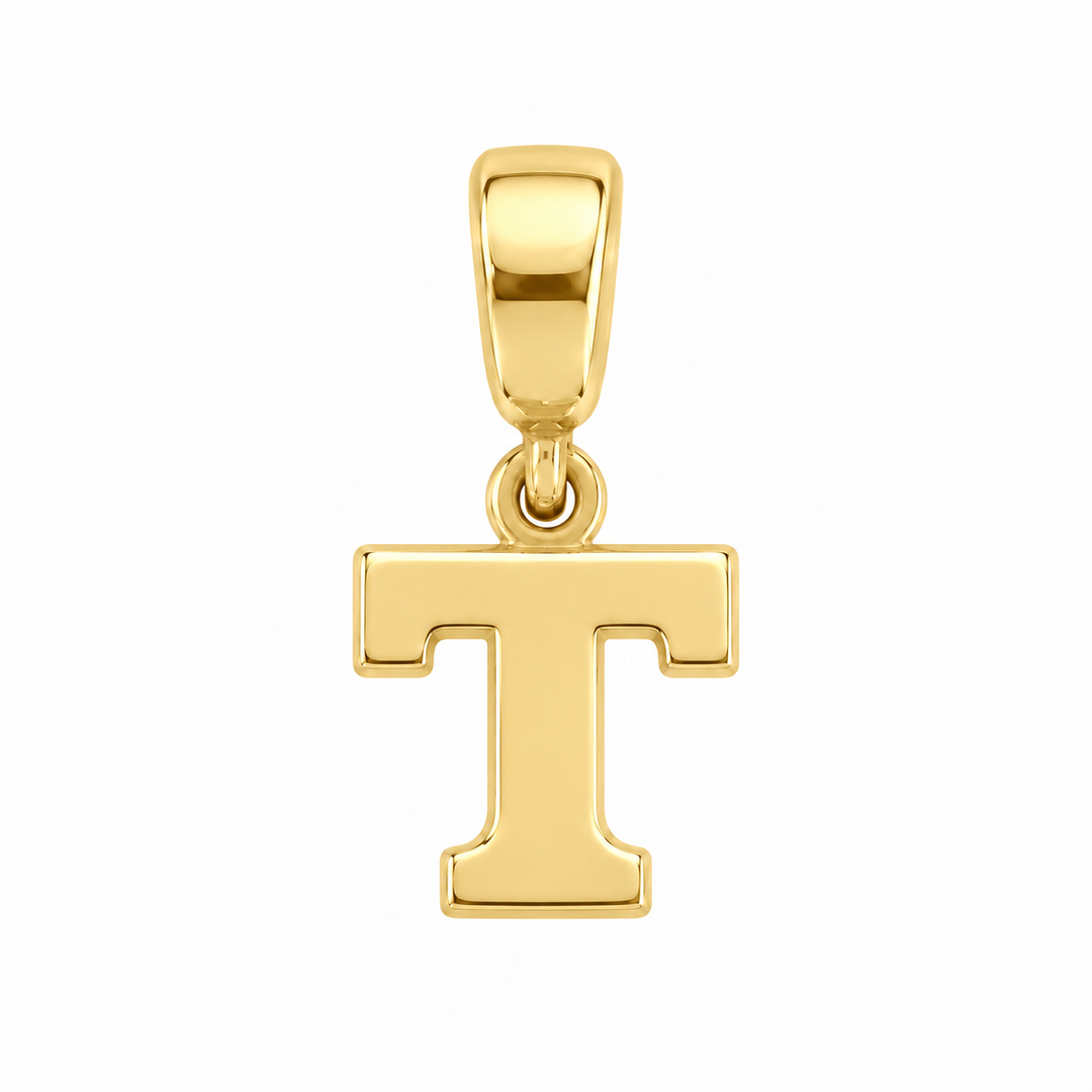 14K yellow gold initial T charm pendant on white background