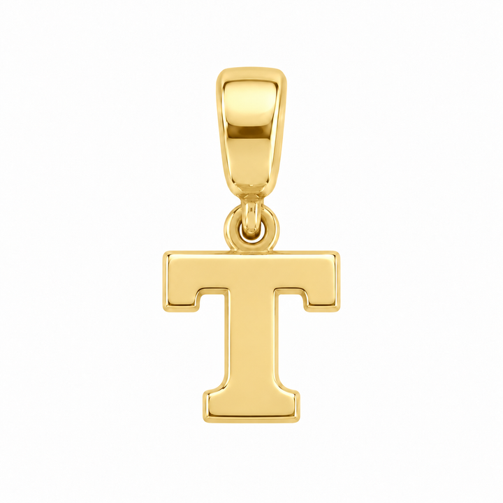 14K yellow gold initial T charm pendant on white background