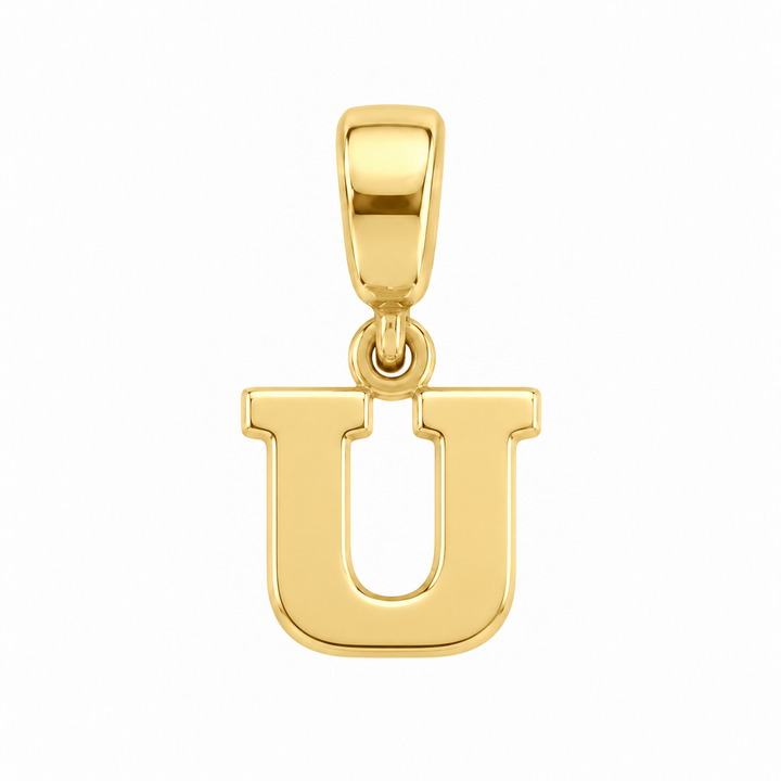 14K yellow gold initial U charm pendant on white background