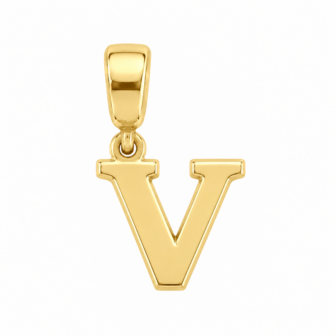14K yellow gold initial V charm pendant on white background