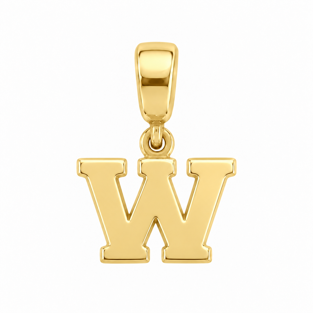 14K yellow gold initial W charm pendant on white background