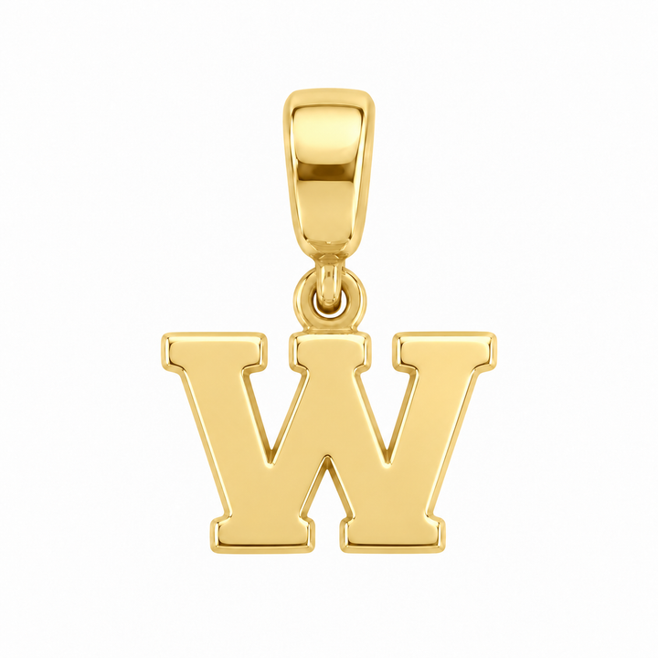 14K yellow gold initial W charm pendant on white background