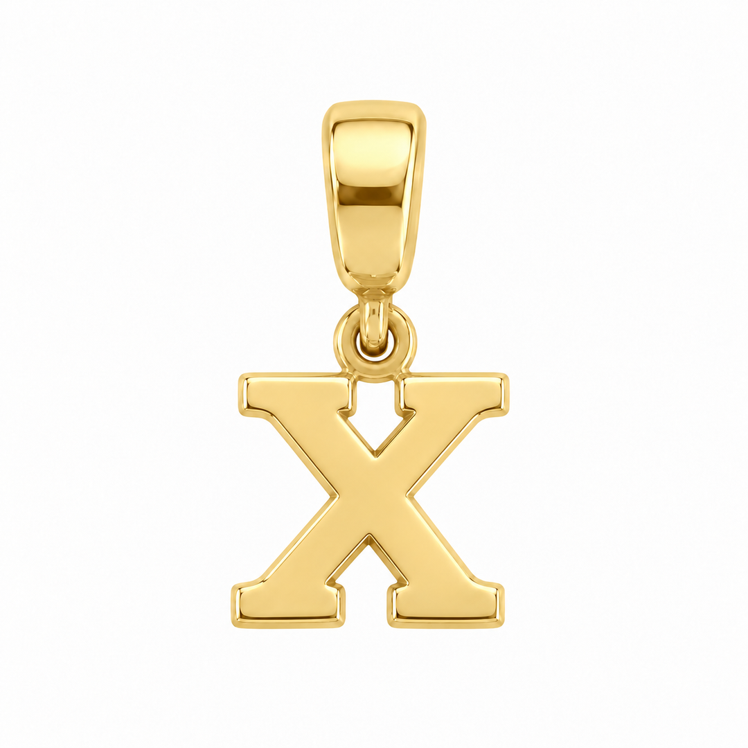 14K yellow gold initial X charm pendant on white background