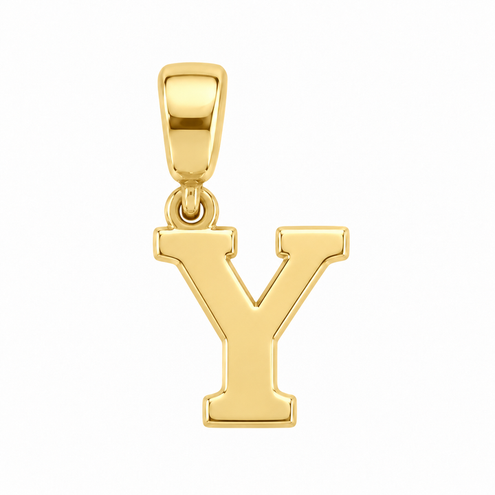 14K yellow gold initial Y charm pendant on white background