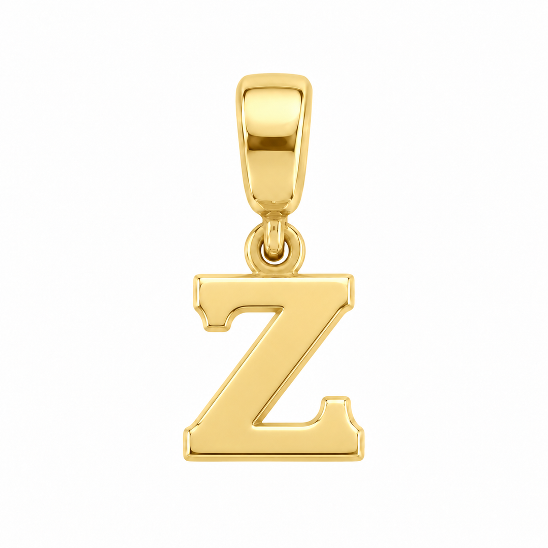 14K yellow gold initial Z charm pendant on white background