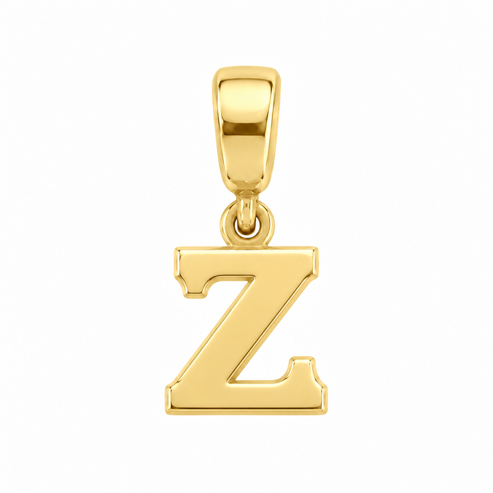 14K yellow gold initial Z charm pendant on white background