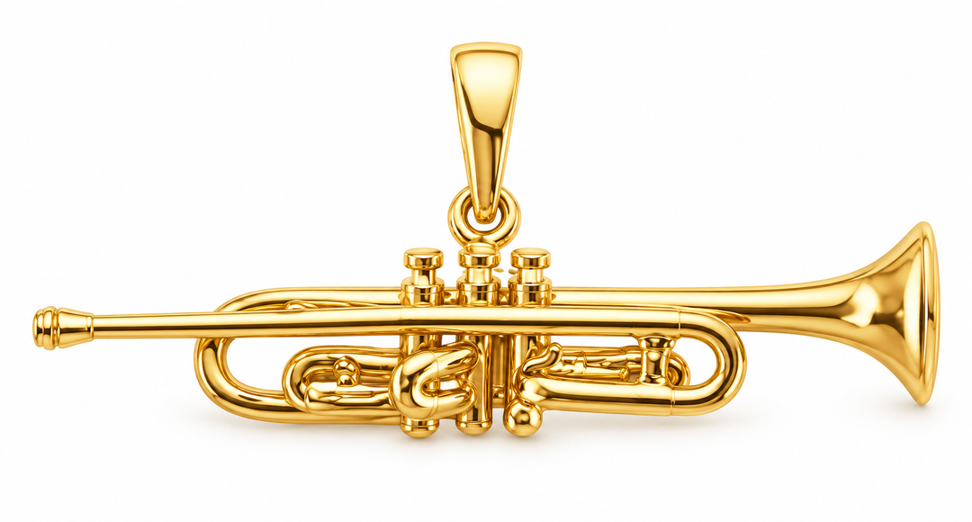 14K Yellow Gold Trumpet Pendant on white background