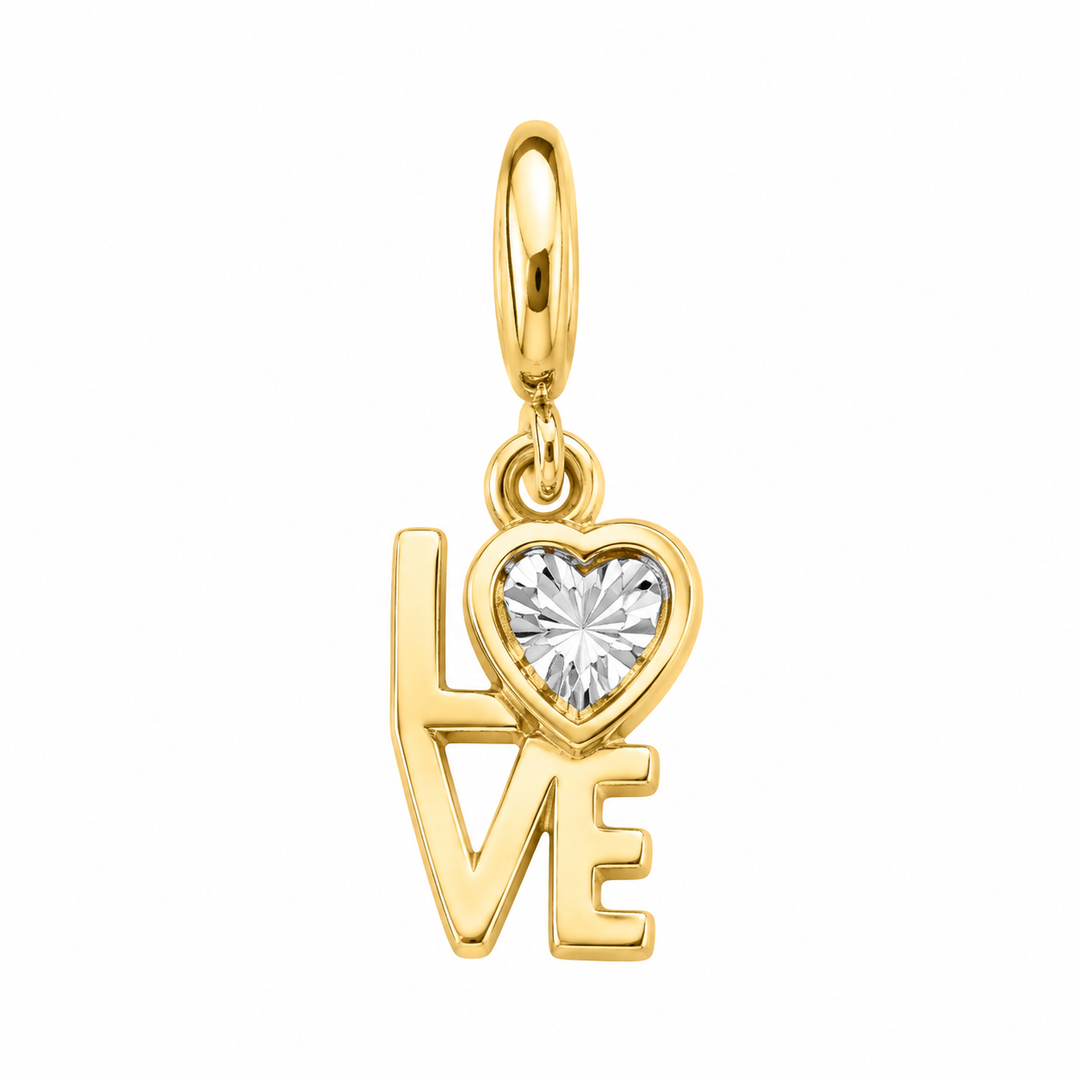 14K Yellow Gold LOVE Heart Charm Pendant on white background