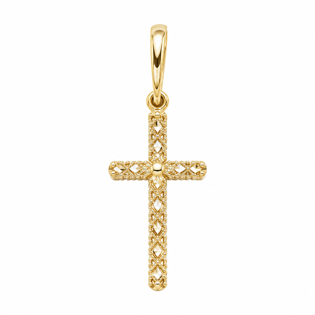 14K Yellow Gold Cross Charm Pendant on white background