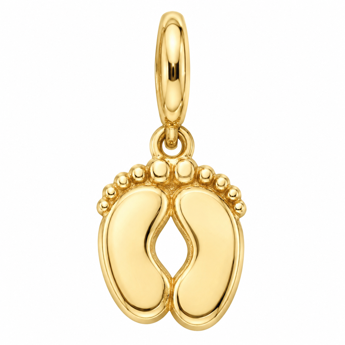 14K Yellow Gold Baby Feet Charm Pendant on white background