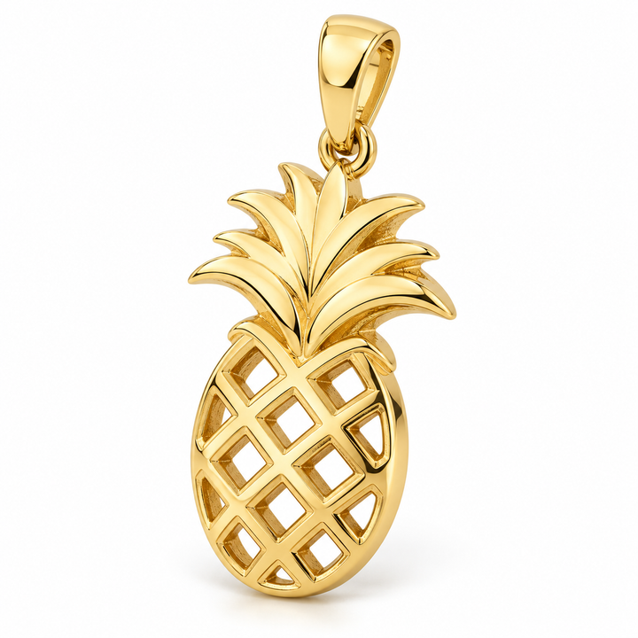 14K Yellow Gold Pineapple Pendant angled white background