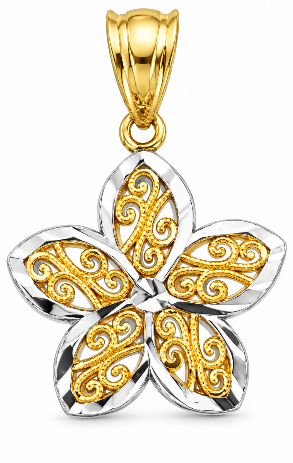 14K Two-Tone Gold Filigree Flower Pendant on white background