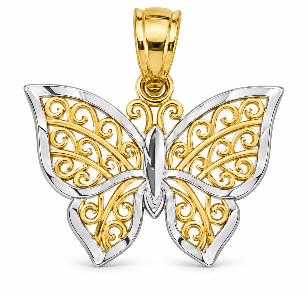 14K Two-Tone Gold Filigree Butterfly Pendant on white background
