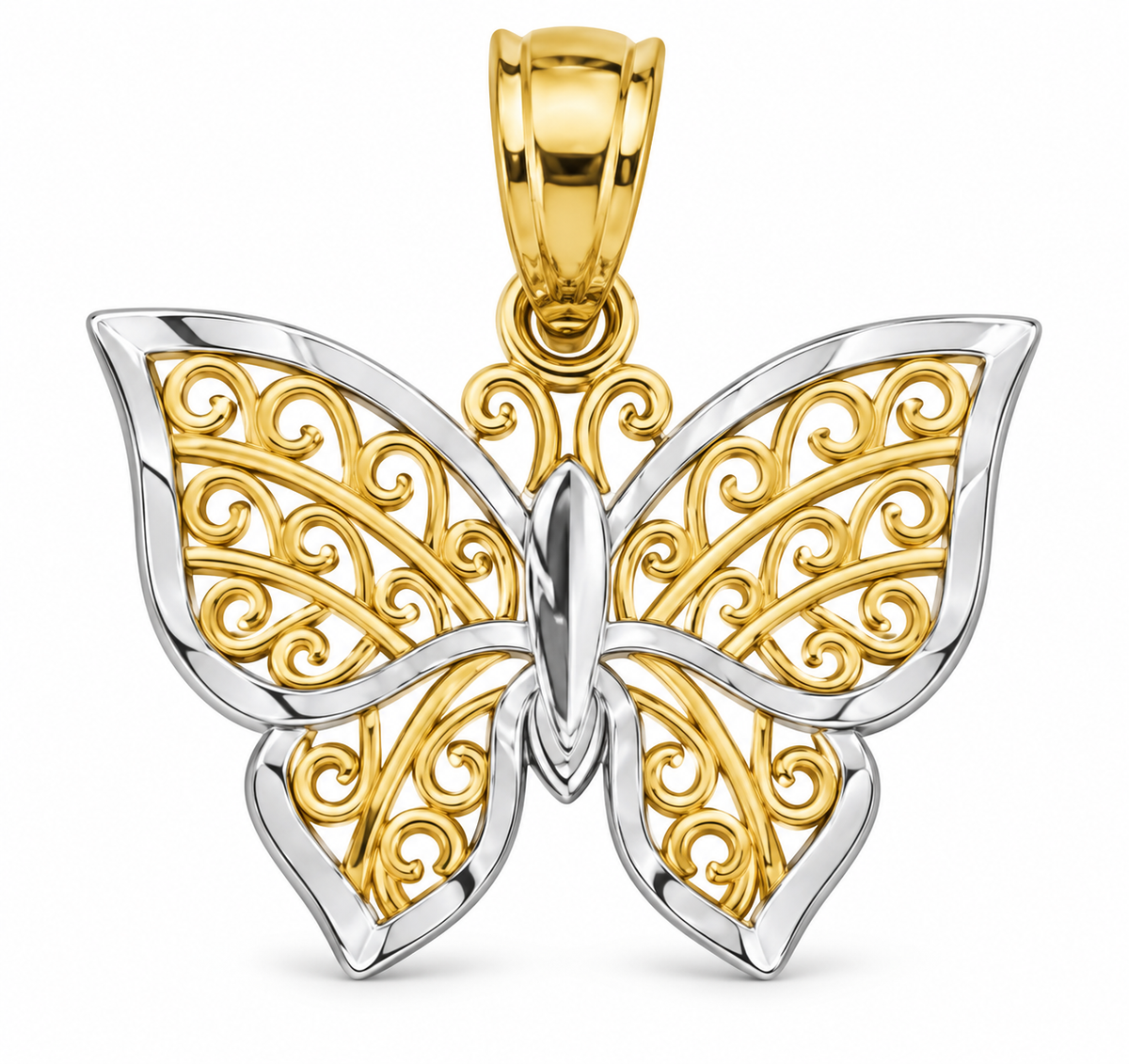 14K Two-Tone Gold Filigree Butterfly Pendant on white background