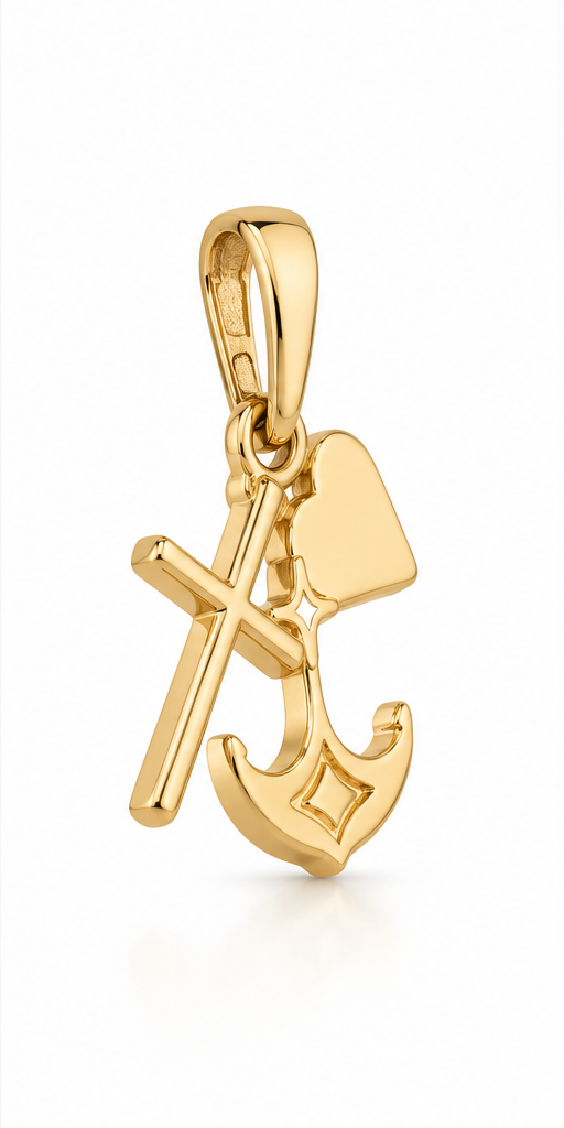 LSJ-PT462 14K yellow gold cross, anchor and heart pendant, angled view on white