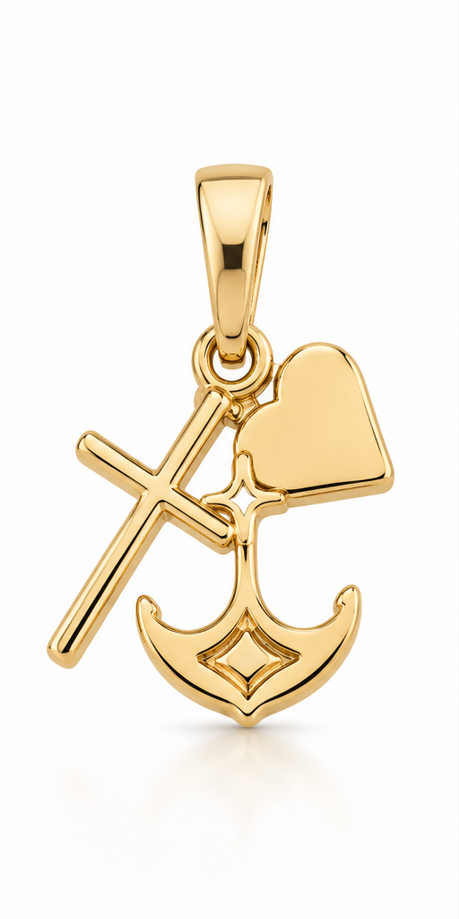 LSJ-PT462 14K yellow gold cross, anchor and heart pendant, front view on white