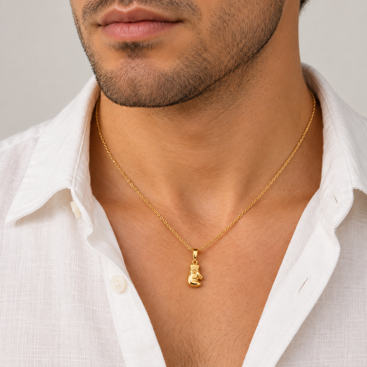 14K Yellow Gold Boxing Glove Pendant on male model