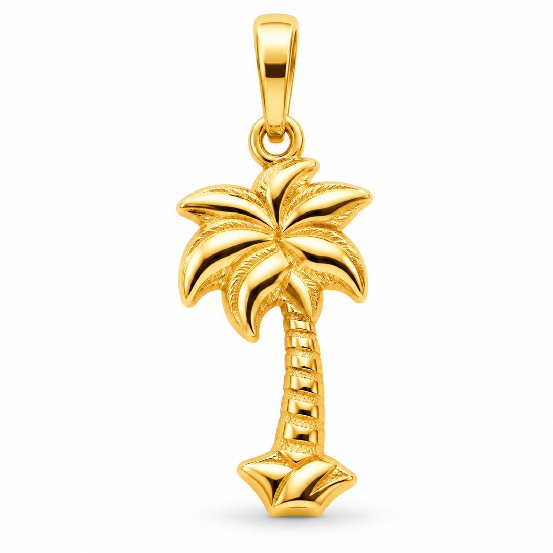 14K Yellow Gold Palm Tree Pendant angled white background
