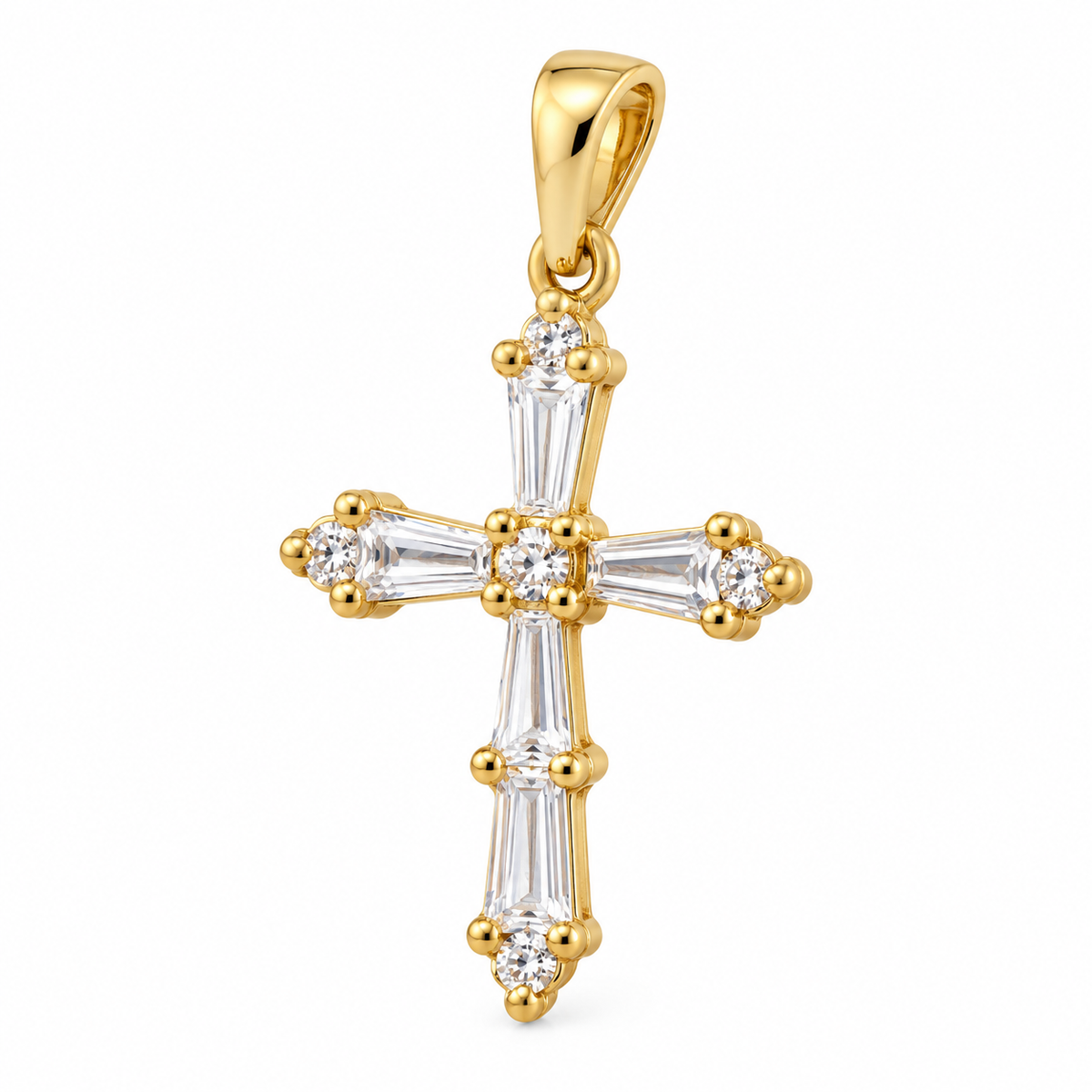 LSJ-PT538 14K yellow gold baguette CZ cross pendant, angled view on white