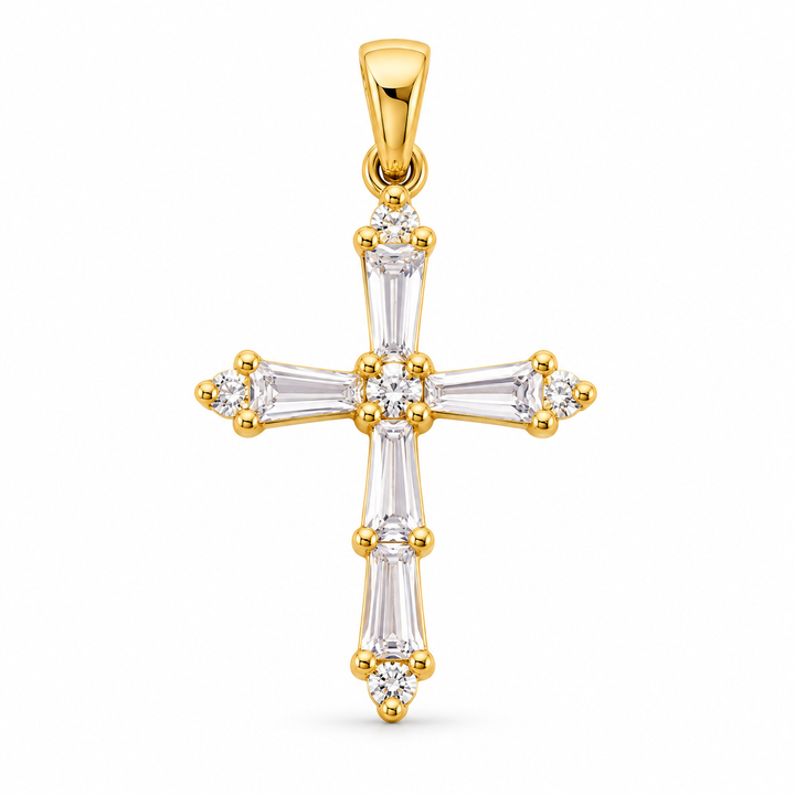 LSJ-PT538 14K yellow gold baguette CZ cross pendant, front view on white