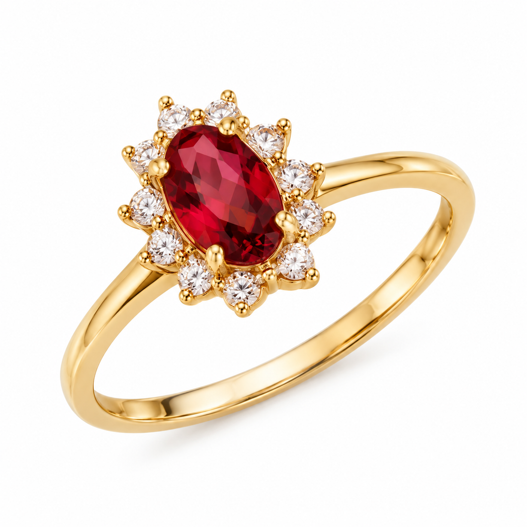 14K yellow gold red cubic zirconia halo ring LSJ-RG2185 angled view