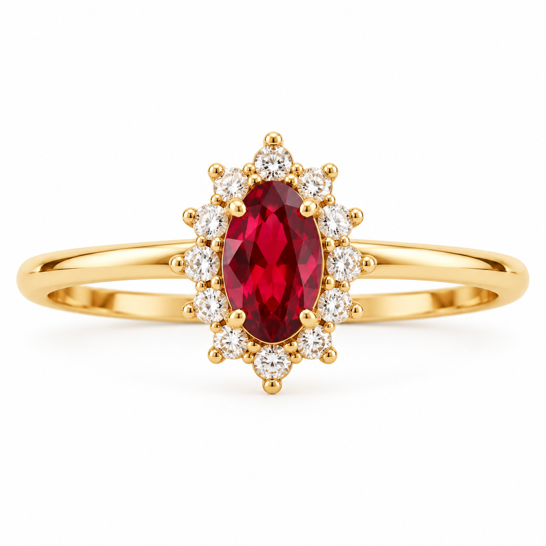 14K yellow gold red cubic zirconia halo ring LSJ-RG2185 front view