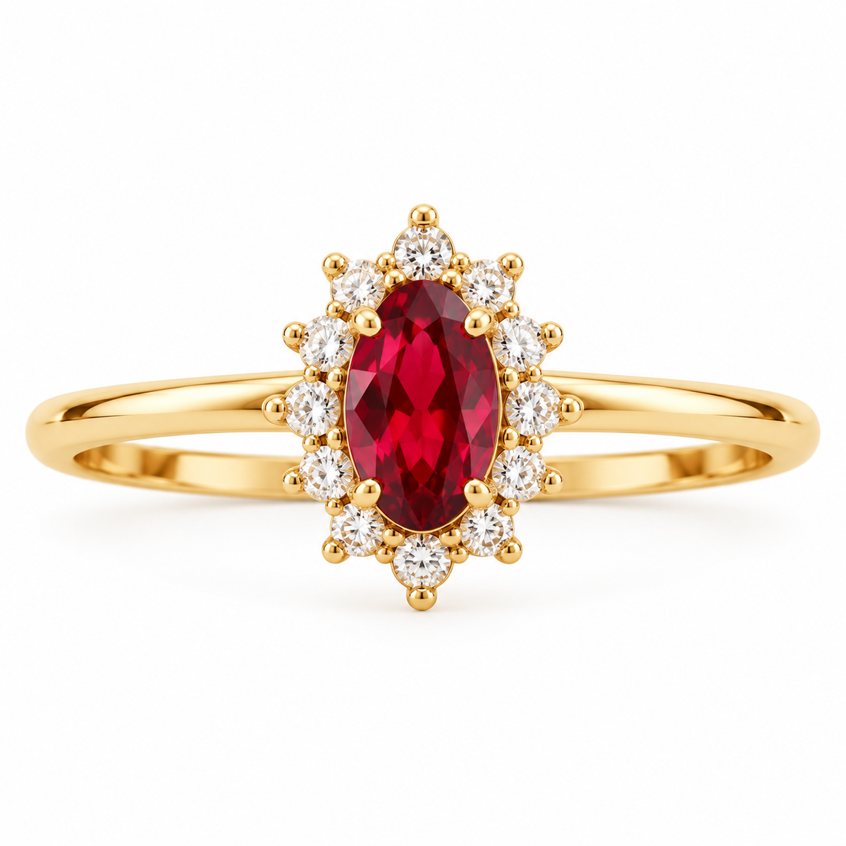 14K yellow gold red cubic zirconia halo ring LSJ-RG2185 front view