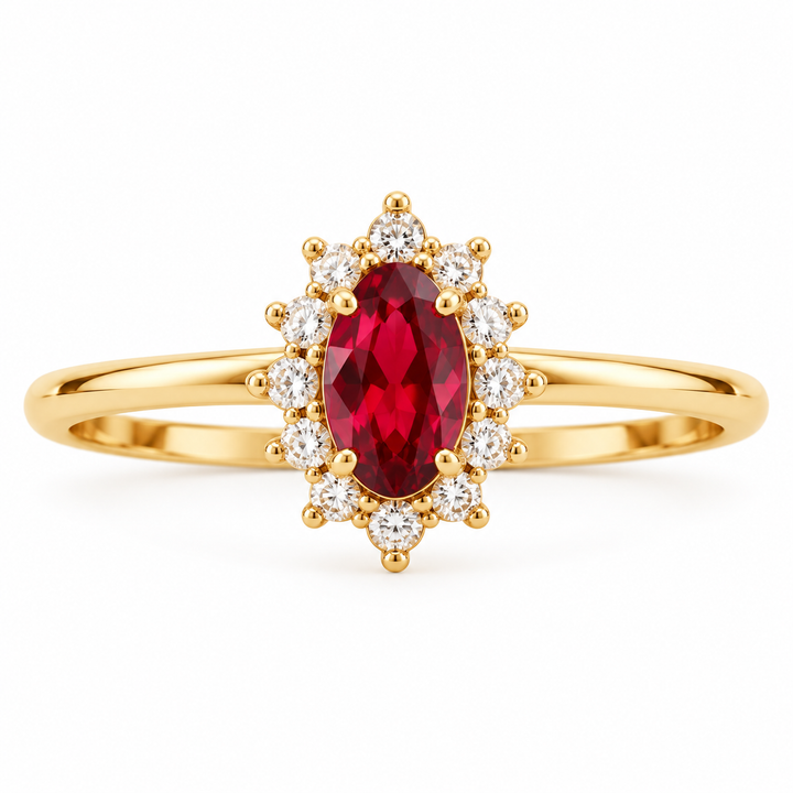 14K yellow gold red cubic zirconia halo ring LSJ-RG2185 front view
