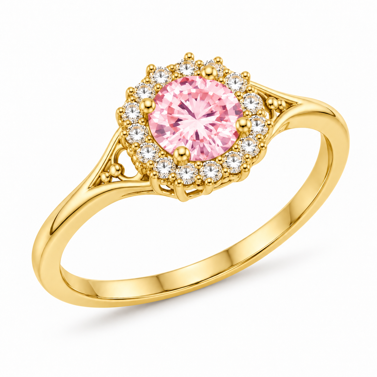 14K Yellow Gold Pink CZ Halo Ring RG2666 angled white background view