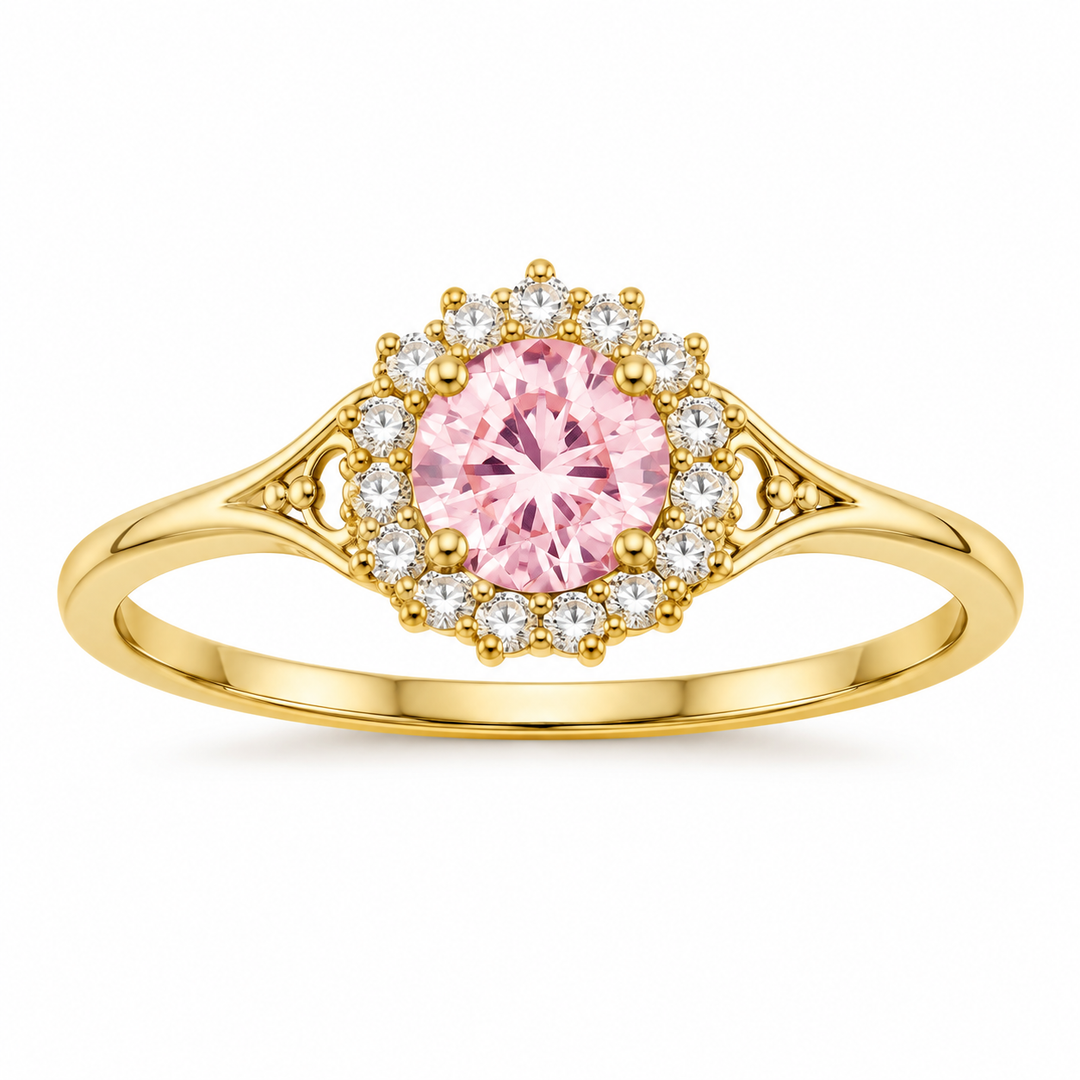 14K Yellow Gold Pink CZ Halo Ring RG2666 front white background view