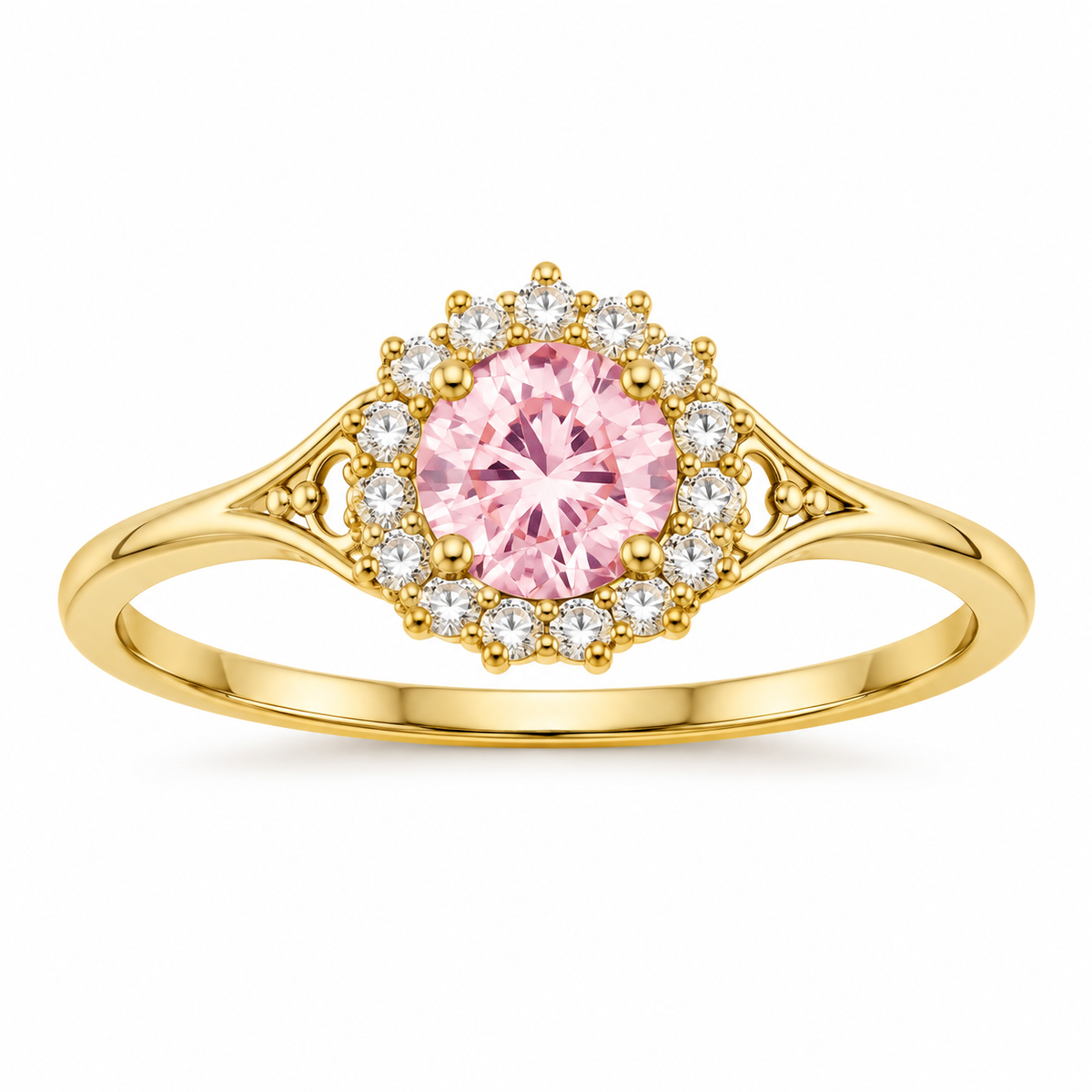 14K Yellow Gold Pink CZ Halo Ring RG2666 front white background view