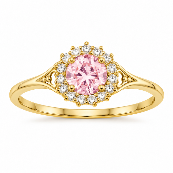 14K Yellow Gold Pink CZ Halo Ring RG2666 front white background view