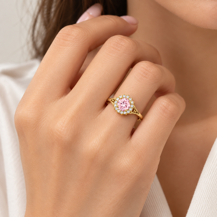 14K Yellow Gold Pink CZ Halo Ring RG2666 on model