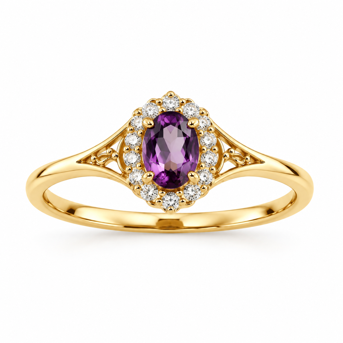 14K yellow gold purple cubic zirconia halo ring LSJ-RG334 angled view