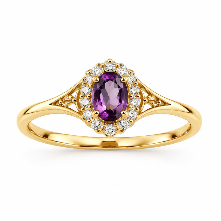14K yellow gold purple cubic zirconia halo ring LSJ-RG334 angled view
