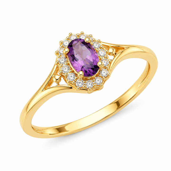 14K yellow gold purple cubic zirconia halo ring LSJ-RG334 front view