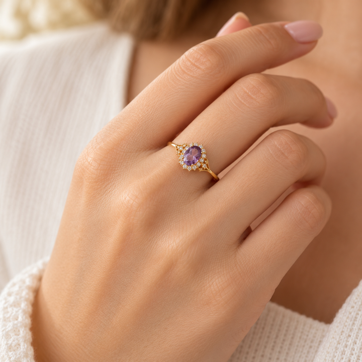 14K yellow gold purple cubic zirconia halo ring LSJ-RG334 alternate view