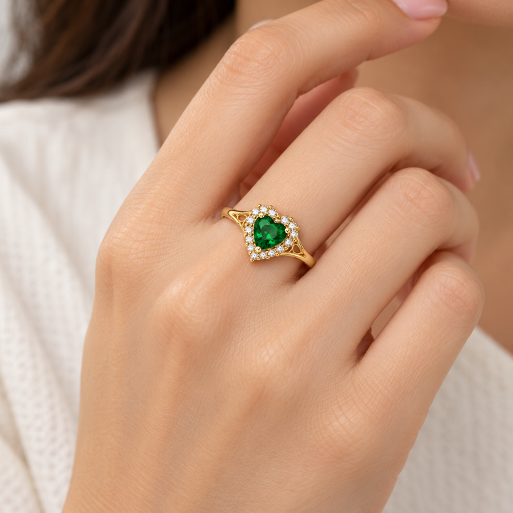 14K Yellow Gold Green CZ Halo Ring RG377 on model
