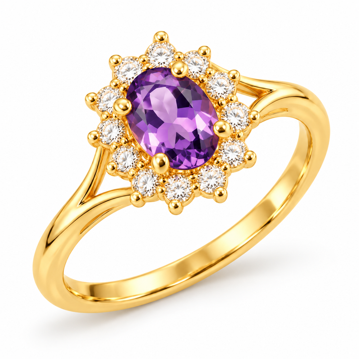 14K Yellow Gold Purple CZ Halo Ring RG379 angled white background view