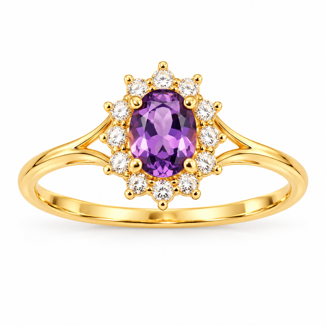 14K Yellow Gold Purple CZ Halo Ring RG379 front white background view